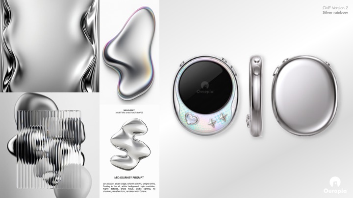 Pockion silver rainbow CMF mood board and product render
